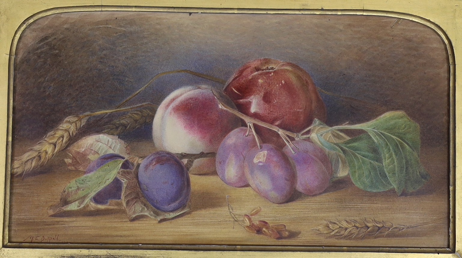 Mary Elizabeth Duffield (née Rosenberg)(1819-1914), watercolour, Still life of apples and plums, signed and dated 1887, 18 x 33cm